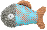 Stoffspielzeug in Fischform mit grauem Kopf, blauem Körper mit roten Punkten und braunem Schwanz sowie Flosse.