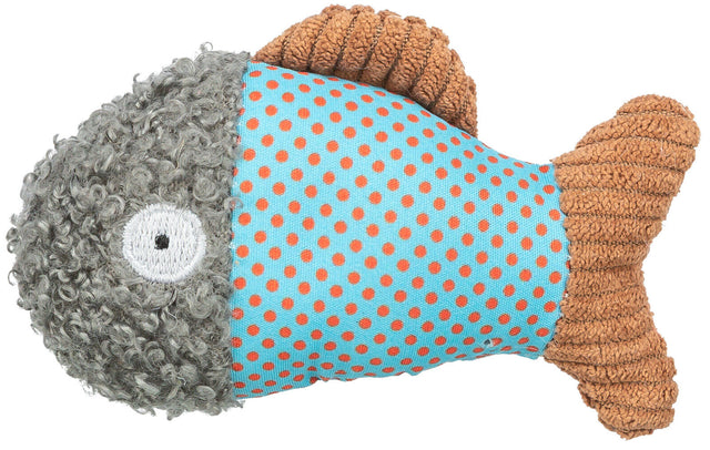 Stoffspielzeug in Fischform mit grauem Kopf, blauem Körper mit roten Punkten und braunem Schwanz sowie Flosse.