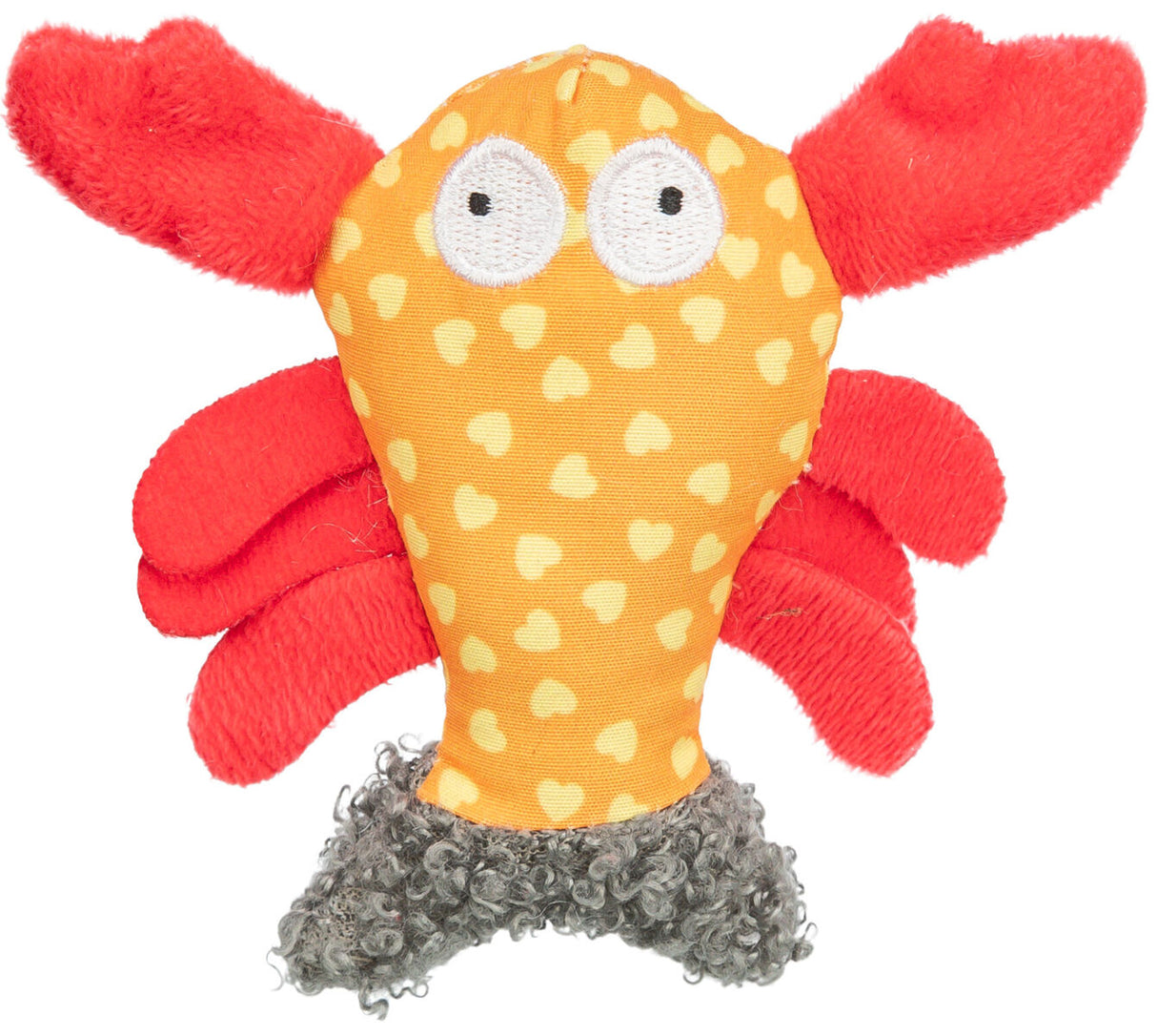 Stoffspielzeug in Form einer orangenen Figur mit weißen Herzmustern, roten Gliedmaßen und grauer flauschiger Basis.