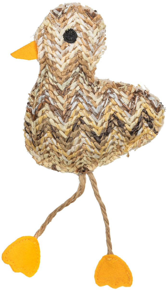Stofftier in Form eines Vogels aus geflochtenem Material in Beige, mit orangefarbenem Schnabel und Füßen.