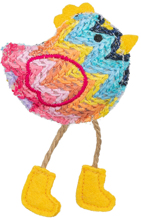 Buntes Vogelförmiges Spielzeug aus geflochtenen Materialien mit gelben Filzstiefeln und bunten Mustern.