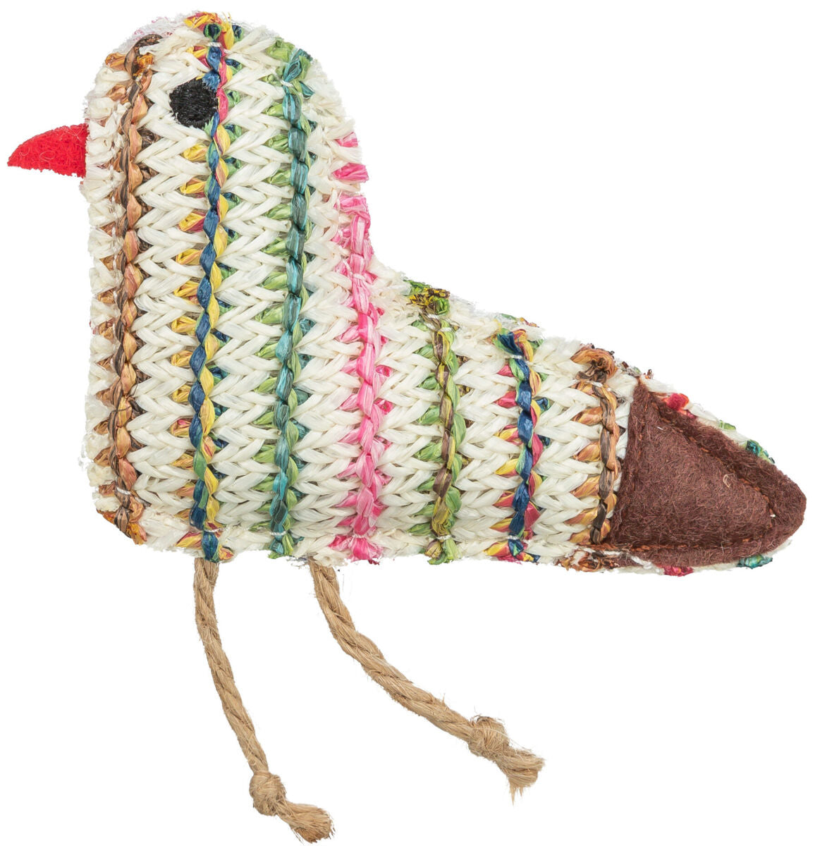 Vogelförmiges Spielzeug aus geflochtenem Material in Weiß mit bunten Streifen und roten und braunen Details.