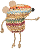 Buntes, gestricktes Spielzeug in Form einer Maus mit Kordelarmen und -beinen.