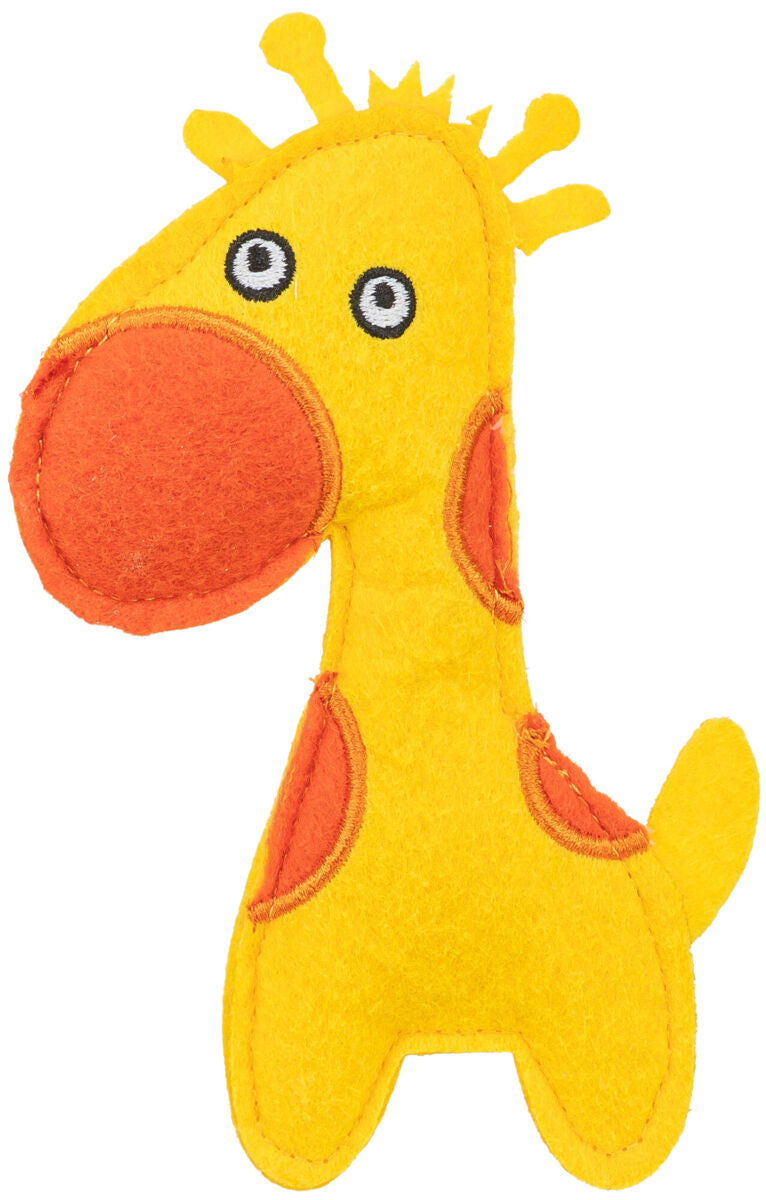 Gelbes Plüschspielzeug in Tierform mit großen orangefarbenen Flecken und aufgestickten Augen.