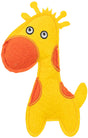 Gelbes Plüschspielzeug in Tierform mit großen orangefarbenen Flecken und aufgestickten Augen.
