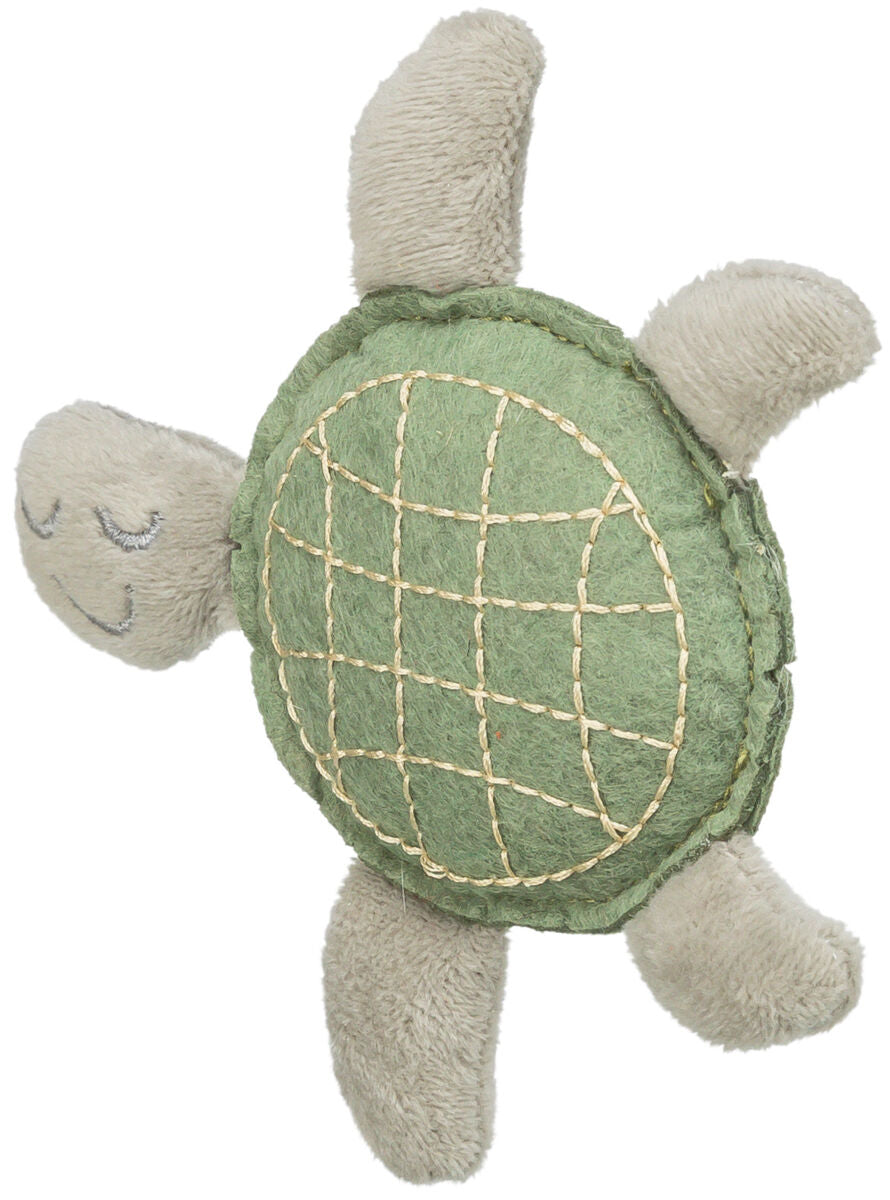 Plüschspielzeug in Form einer Schildkröte mit grünem Panzer und beigefarbenem Kopf und Beinen.