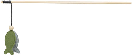 Holzstab mit Schnur und zwei Filzfischen in Grün und Grau als Spielzeug.