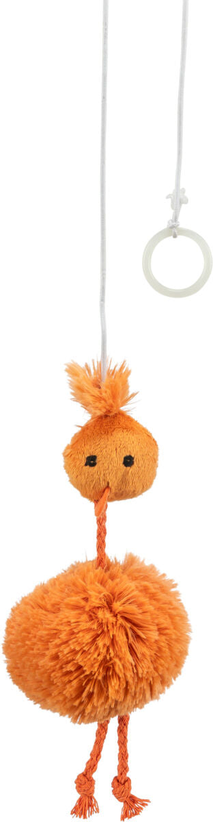 Orangefarbenes Plüschspielzeug mit rundem Körper und Kopf, an einer Schnur hängend, mit Schlaufe oben.