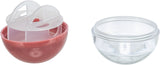 Zwei halbrunde Schalen, eine transparent und eine rosa, mit einem transparenten Einsatz in der rosa Schale.