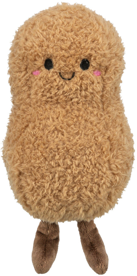 Plüschiges, braunes Spielzeug mit lächelndem Gesicht, schwarzen Augen und rosa Wangen, aufrecht stehend.