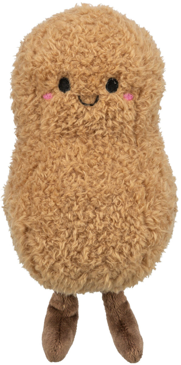 Plüschiges, braunes Spielzeug mit lächelndem Gesicht, schwarzen Augen und rosa Wangen, aufrecht stehend.