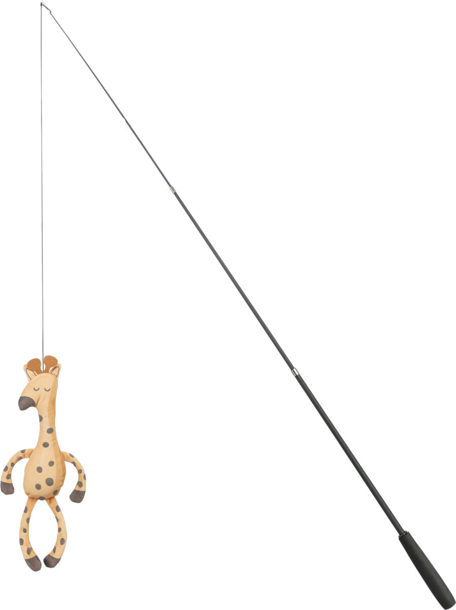 Lange schwarze Spielangel mit einem Plüschgiraffen-Spielzeug am Ende des Seils.