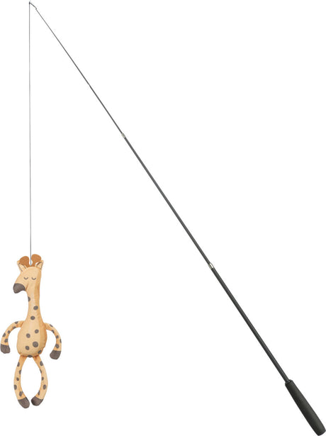 Lange schwarze Spielangel mit einem Plüschgiraffen-Spielzeug am Ende des Seils.