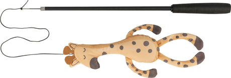 Spielangel mit Plüschgiraffe in Beige und Schwarz mit dunklen Punkten, schwarzer Stab und Schnur.