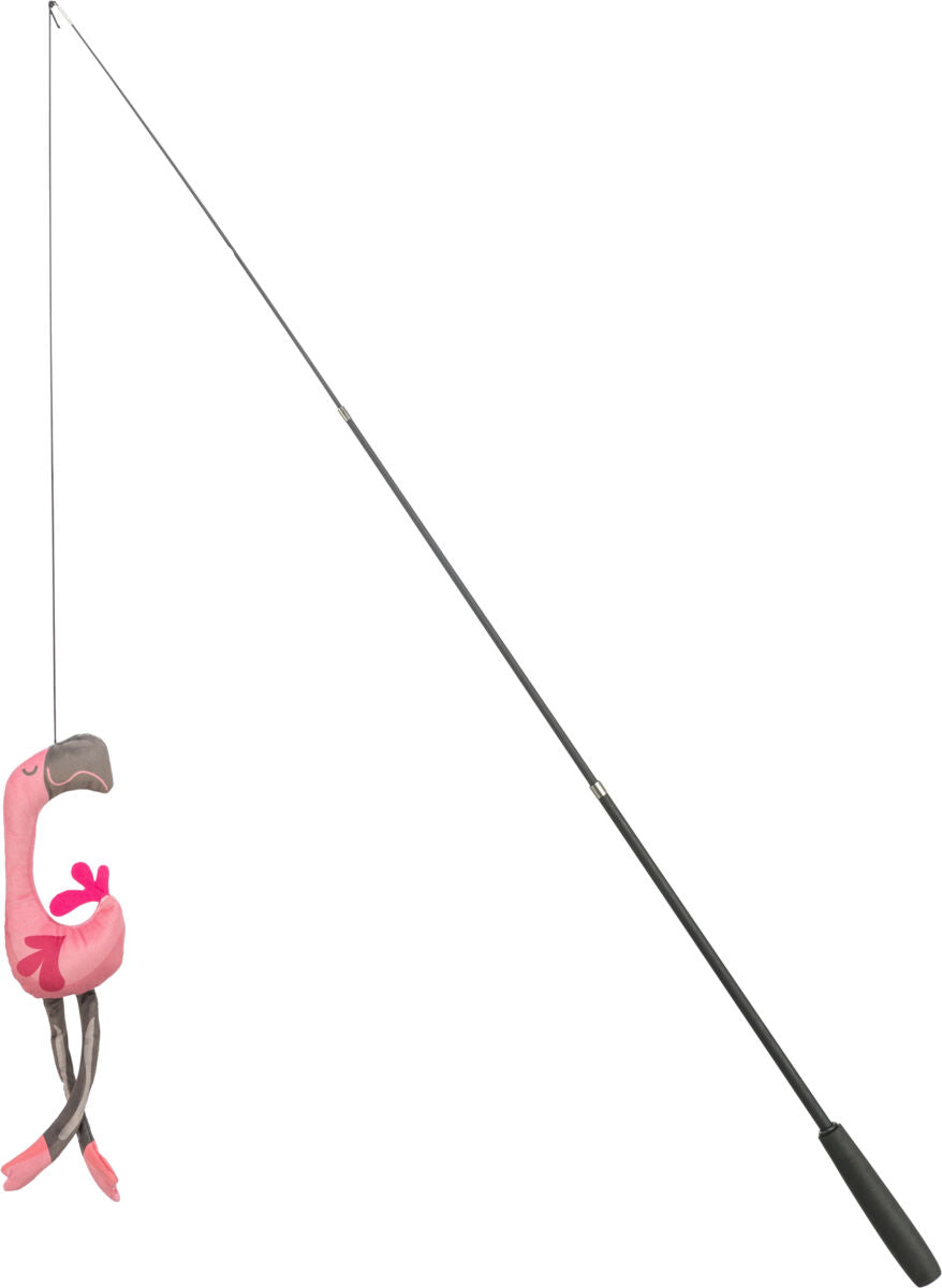 Lange Angelrute mit einem rosa Plüsch-Flamingo-Spielzeug am Ende.