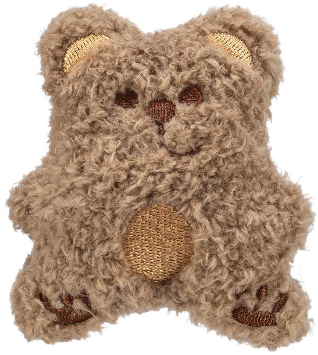 Ein flauschiges braunes Stoffspielzeug in Bärenform mit gestickten Details in dunkleren Brauntönen.
