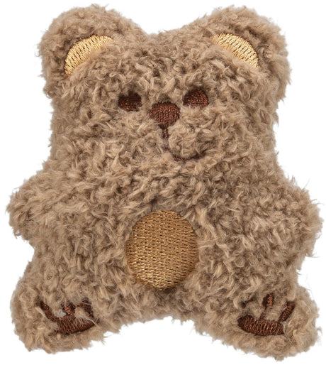 Ein flauschiges braunes Stoffspielzeug in Bärenform mit gestickten Details in dunkleren Brauntönen.