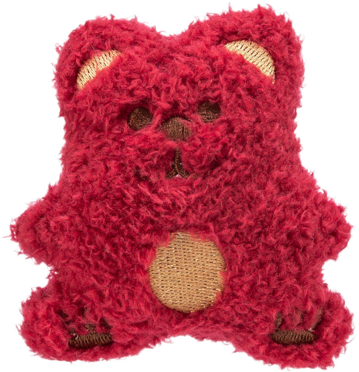 Rotes, flauschiges Kuscheltier in Bärenform mit braunen Details an Ohren, Augen und Bauch.