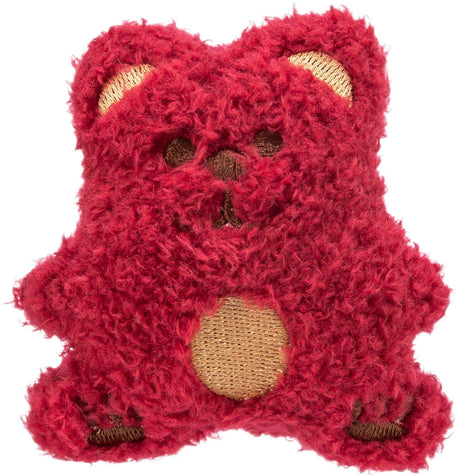 Rotes, flauschiges Kuscheltier in Bärenform mit braunen Details an Ohren, Augen und Bauch.