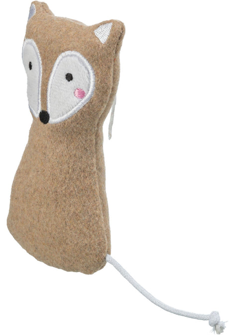 Stofftier in Fuchsform mit gesticktem Gesicht in Beige und Weiß, mit langer weißer Kordel.