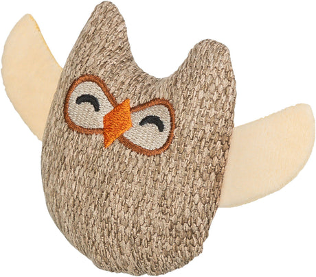 Weiches Eulenspielzeug aus gestricktem Material mit beigen Flügeln und gesticktem Gesicht.