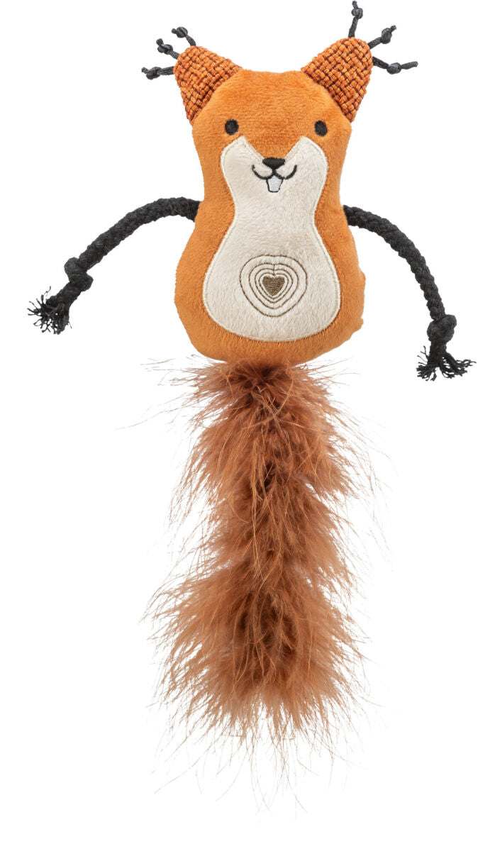 Stoffspielzeug in Form eines braunen Tieres mit langen schwarzen Schnüren als Arme und flauschigem Schwanz.