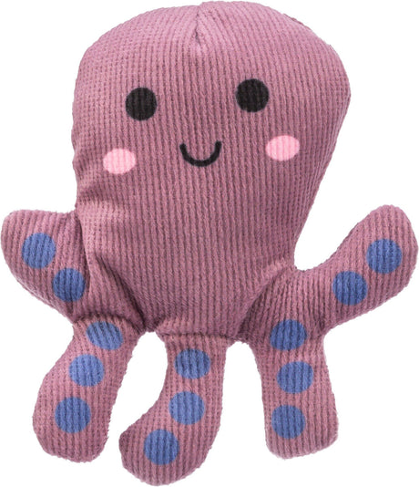 Rosa Plüschtier in Form eines Oktopus mit blauen Punkten und einem lächelnden Gesicht.