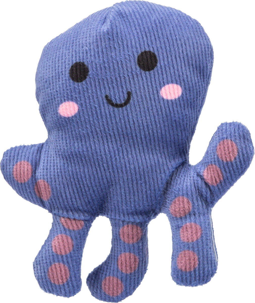 Ein blaues Plüschspielzeug in Form eines Tintenfisches mit schwarzen Augen, rosa Wangen und Punkten.