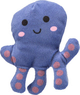 Ein blaues Plüschspielzeug in Form eines Tintenfisches mit schwarzen Augen, rosa Wangen und Punkten.