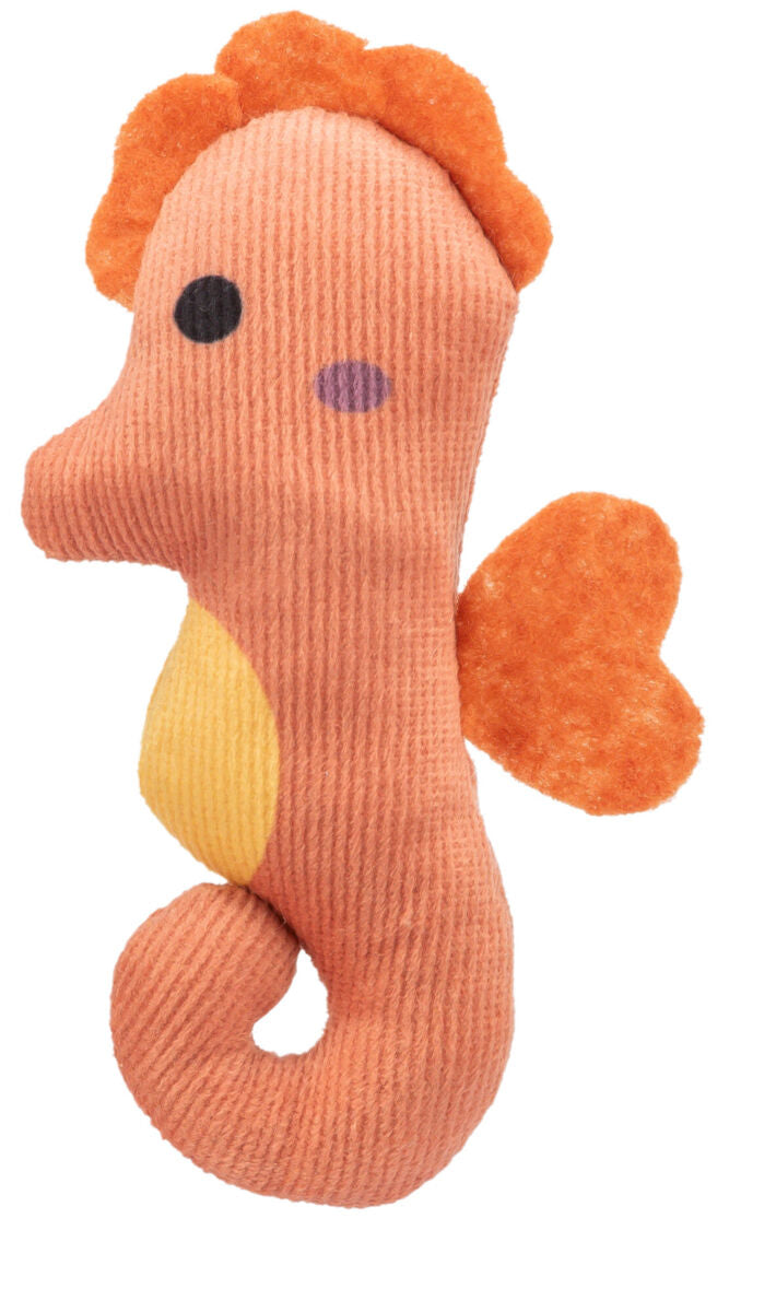 Stoffspielzeug in Form eines orangefarbenen Seepferdchens mit schlichten Gesichtszügen und gelbem Bauch.