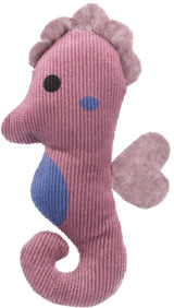 Stoffspielzeug in Form eines rosa Seepferdchens mit blauen und schwarzen Details, filzartige Flügelrücken.