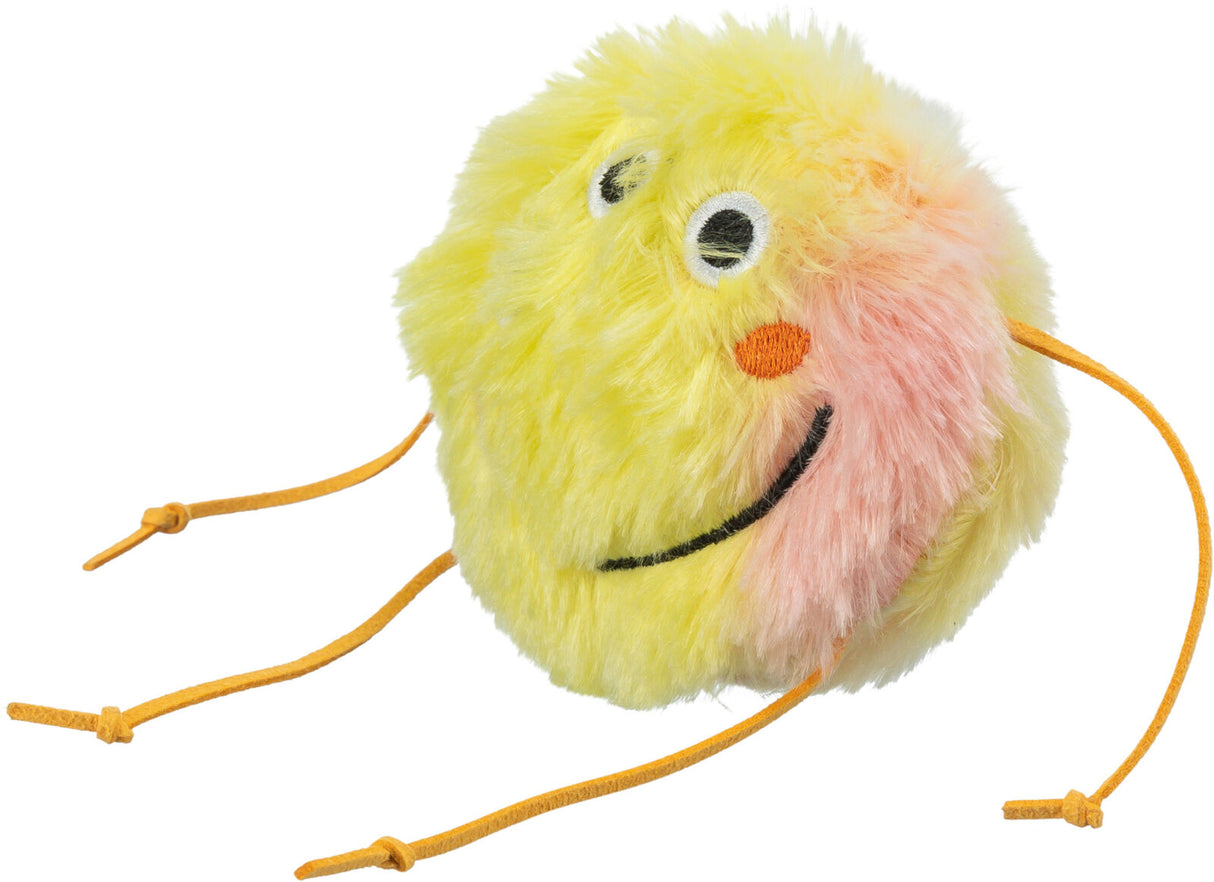 Gelbes und rosa plüschiges Spielzeug mit aufgesticktem Gesicht und vier gelben Kordeln an den Seiten.