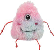 Flauschiges Kuscheltier in Rosa und Blau mit einem Auge, lachendem Gesicht und roten Bändern an den Seiten.