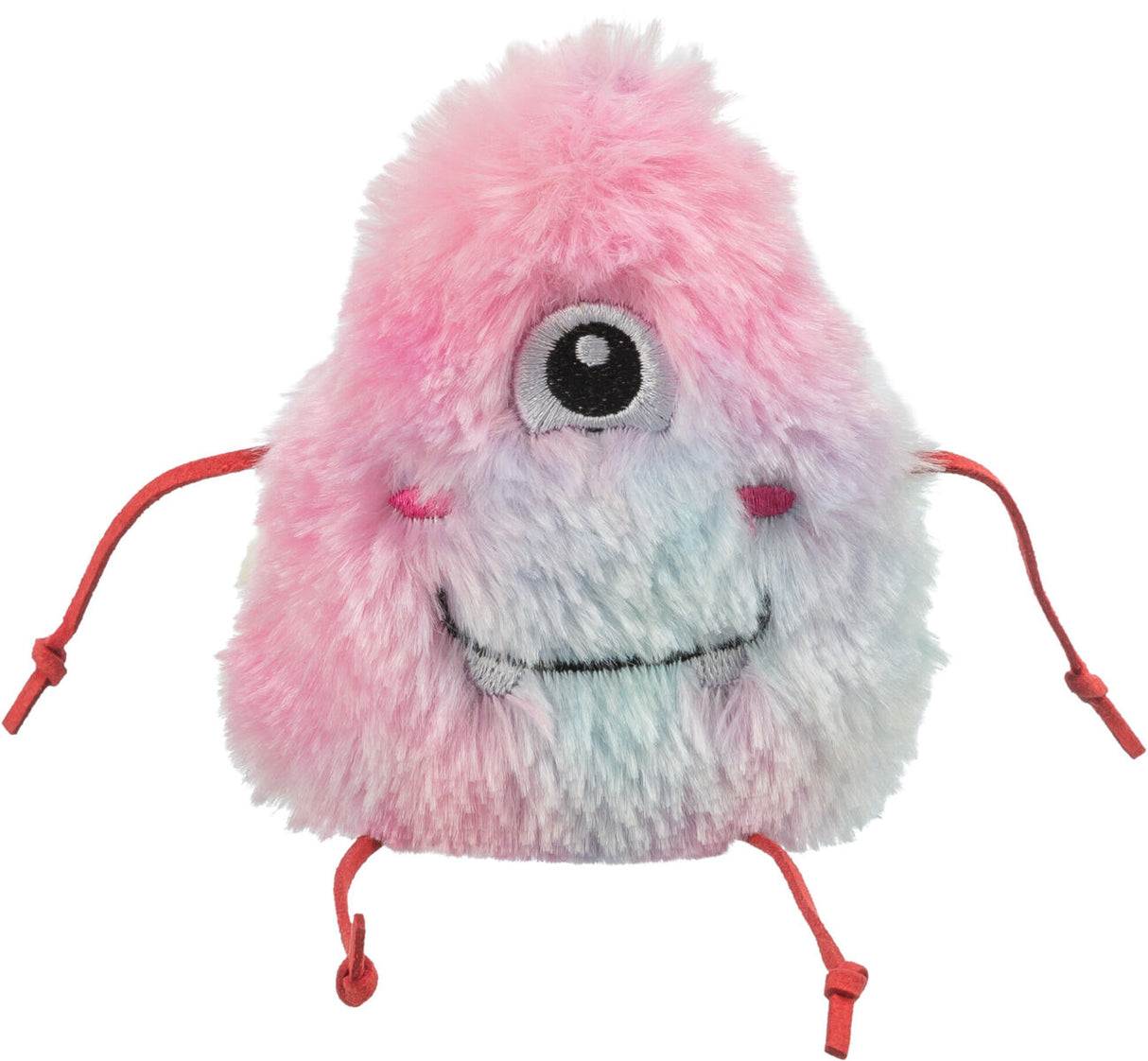 Flauschiges Kuscheltier in Rosa und Blau mit einem Auge, lachendem Gesicht und roten Bändern an den Seiten.