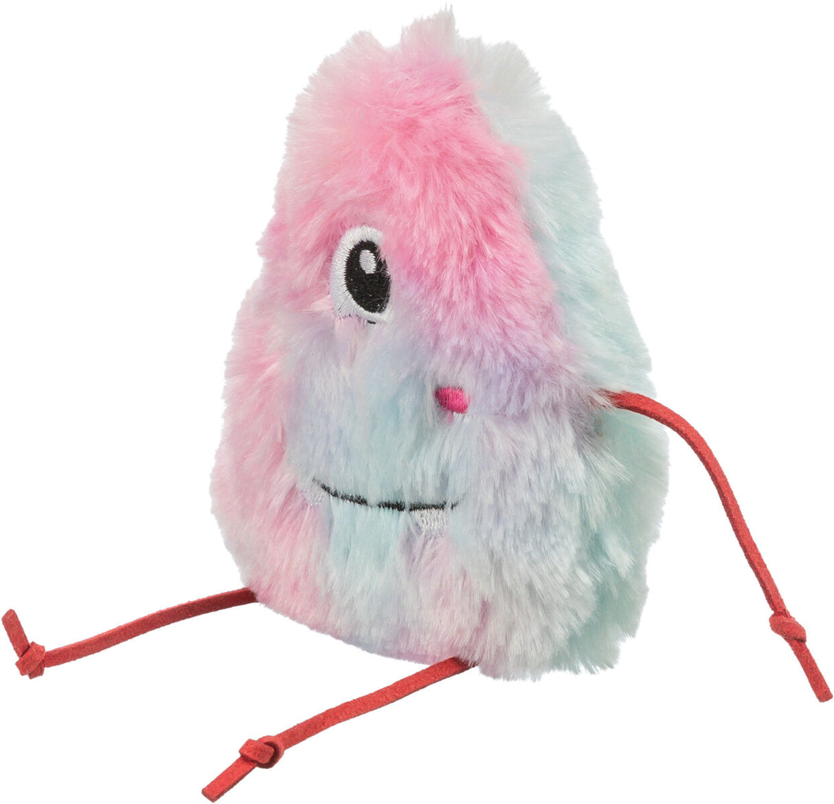 Flauschiges, dreieckiges Spielzeug in Rosa und Blau mit einem aufgestickten Gesicht und zwei roten Kordeln.