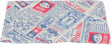 Bunt bedruckter Stoff mit blau-rotem Comic-Design und englischem Text, darunter Gesichter und Symbole.