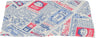 Bunt bedruckter Stoff mit blau-rotem Comic-Design und englischem Text, darunter Gesichter und Symbole.