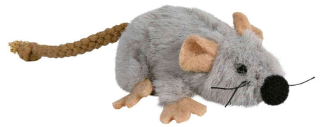 Graue, flauschige Spielzeugmaus mit beigen Ohren und schwarzer Nase, geflochtener brauner Schwanz.