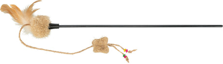 Spielangel mit schwarzem Stab, beigem Federbüschel und Kordel mit bunten Perlen.