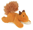 Kleines, flauschiges, orangefarbenes Spielzeug-Eichhörnchen mit buschigem Schwanz und braunen Ohren.