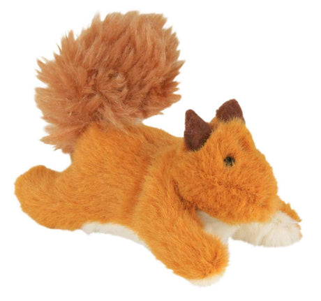 Kleines, flauschiges, orangefarbenes Spielzeug-Eichhörnchen mit buschigem Schwanz und braunen Ohren.