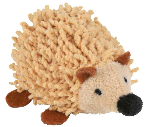 Kleines, struppiges Spielzeug in Igel-Form mit beigem Körper, braunen Füßen und Ohren, sowie schwarzem Gesicht.