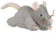 Graues Plüschtier in Form einer Maus mit rosa Ohren, schwarzen Augen und Schnurrhaaren aus Fäden.