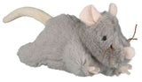 Graues Plüschtier in Form einer Maus mit rosa Ohren, schwarzen Augen und Schnurrhaaren aus Fäden.