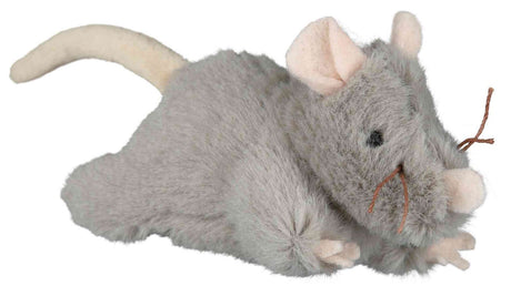 Graues Plüschtier in Form einer Maus mit rosa Ohren, schwarzen Augen und Schnurrhaaren aus Fäden.
