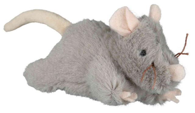 Graues Plüschtier in Form einer Maus mit rosa Ohren, schwarzen Augen und Schnurrhaaren aus Fäden.