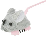 Graues, plüschiges Katzenspielzeug in Form einer Maus mit rosa Ohren und Schwanz sowie schwarzen Augen.