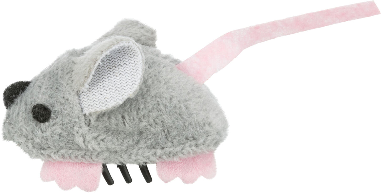 Graues, plüschiges Katzenspielzeug in Mausform mit schwarzer Nase und Augen sowie rosa Ohren und Schwanz.