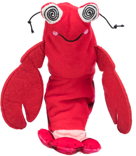 Rotes Plüschtier in Form eines Hummers mit großen Augen und lächelndem Gesicht, schwarze Schnüre als Fühler.