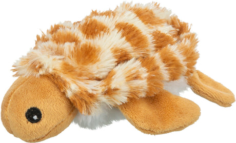 Weiches, plüschiges Spielzeug in Form einer Schildkröte mit orange-weißer gefleckter Panzeroberfläche.